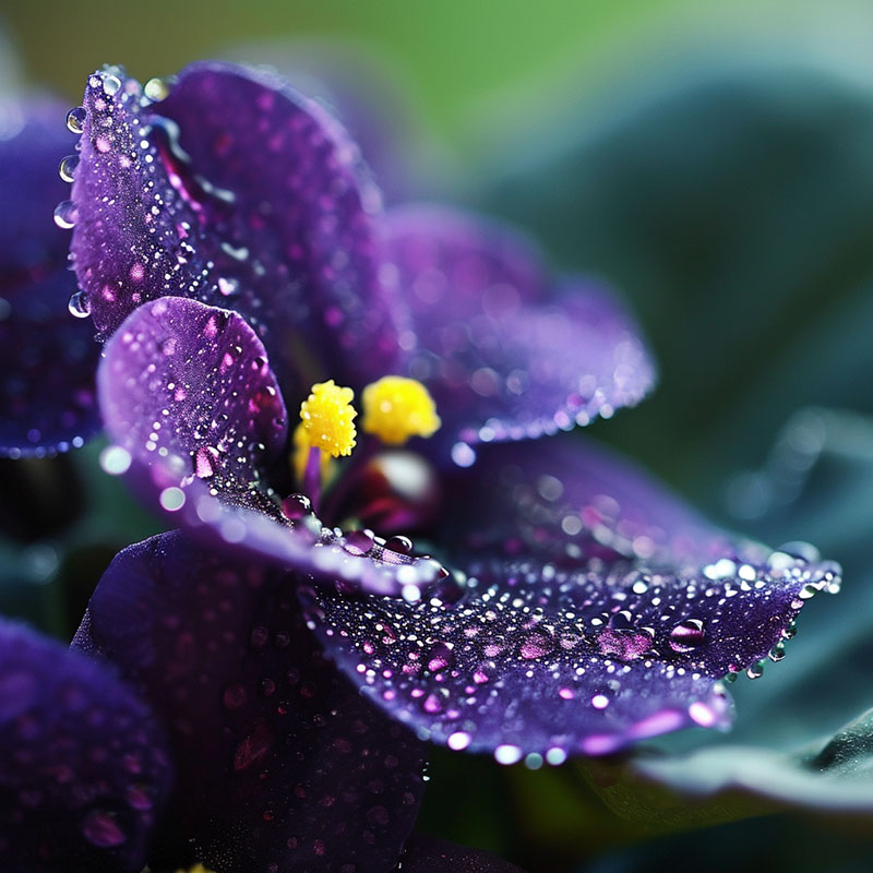African Violet Close-Up with Dew Drops