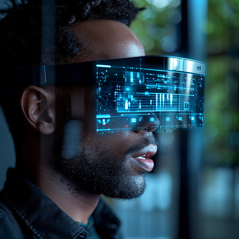 A man wearing futuristic glasses with a digital display looks intently at something in front of him.