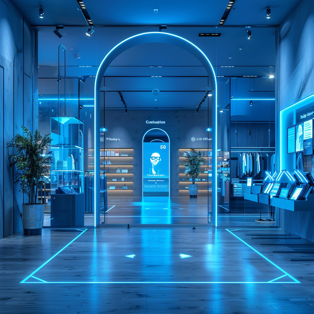 Futuristic retail store with facial recognition technology for VIP customers.