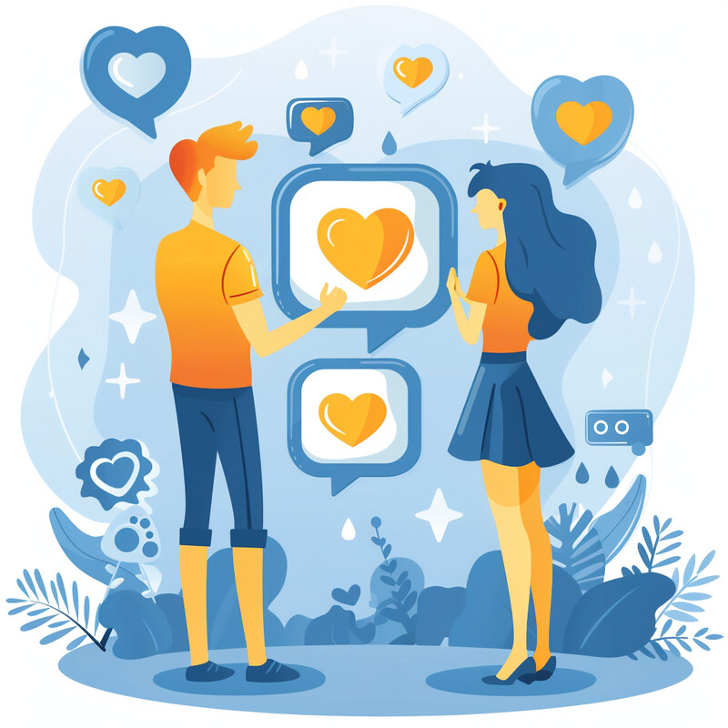 A cartoon illustration of a man and woman engaged in a romantic conversation surrounded by social media icons.