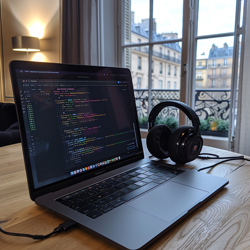 A laptop and headphones are set up on a wooden table in front of a window, suggesting an indoor workspace.