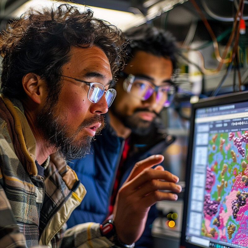 Two men examine a computer screen displaying a colorful graphic in an office or laboratory setting.