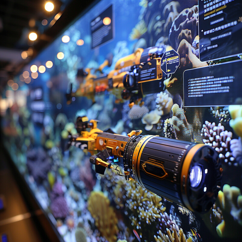 The image features a wall of photographs displaying various types of coral and marine life.