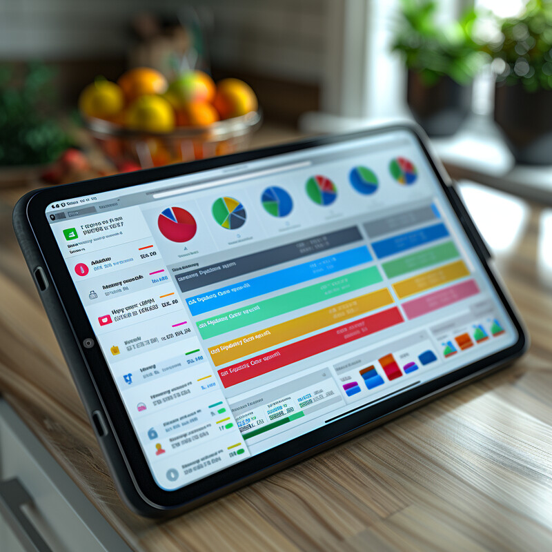 An iPad on a wooden table in a kitchen setting.