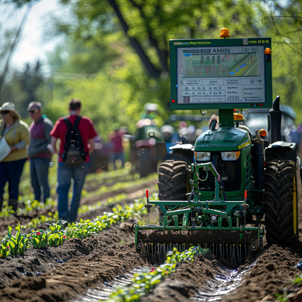 A green tractor with precision sowing system in a field with people nearby.