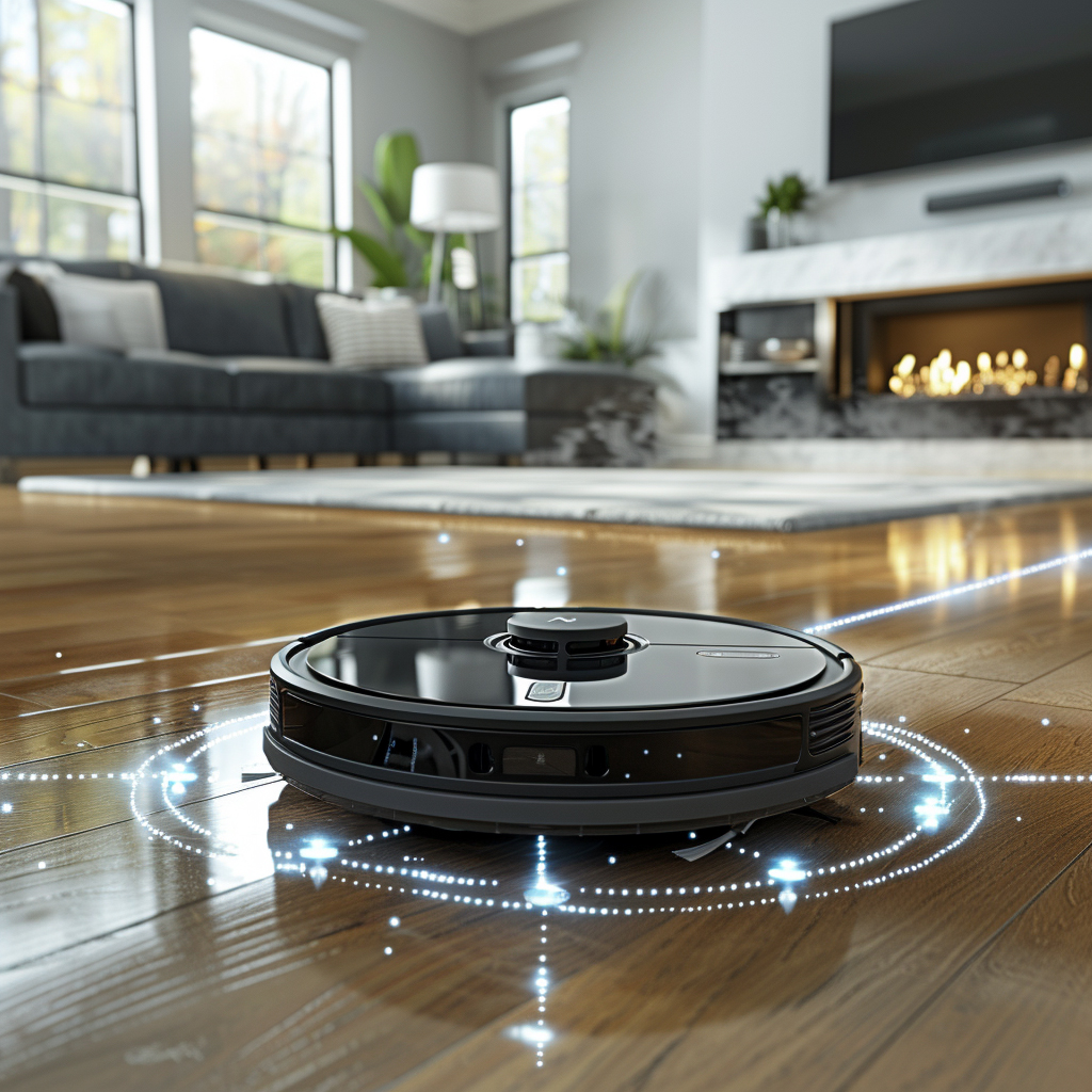 A modern living room with a robotic vacuum cleaner in the foreground, surrounded by clean lines and minimal decor.