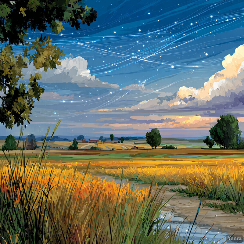 A tranquil rural landscape at twilight, featuring a wheat field, a dirt path, trees, and a starry sky with celestial trails.