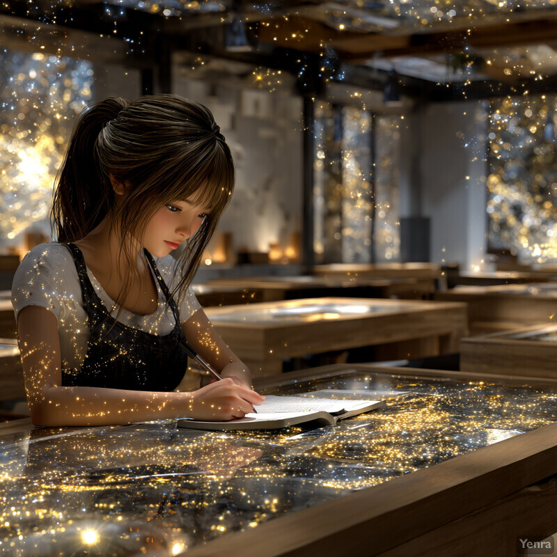 A young woman is writing in a dimly lit room, surrounded by glowing particles, creating a magical and tranquil atmosphere.
