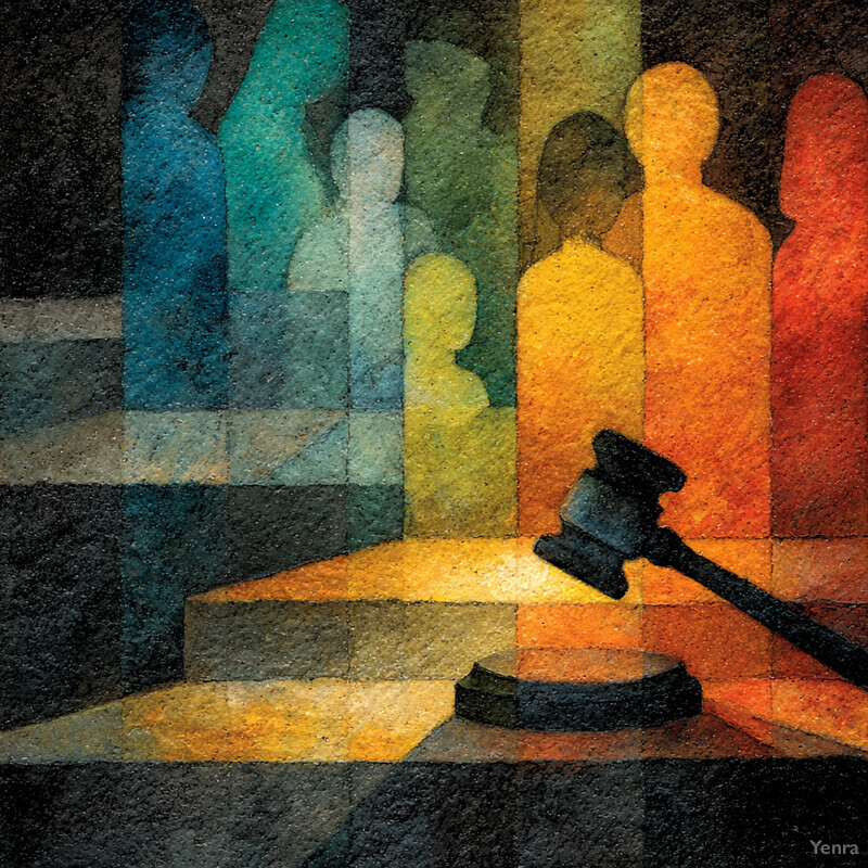 An abstract depiction of a courtroom with a gavel and silhouettes of people in various colors, symbolizing diversity and justice.