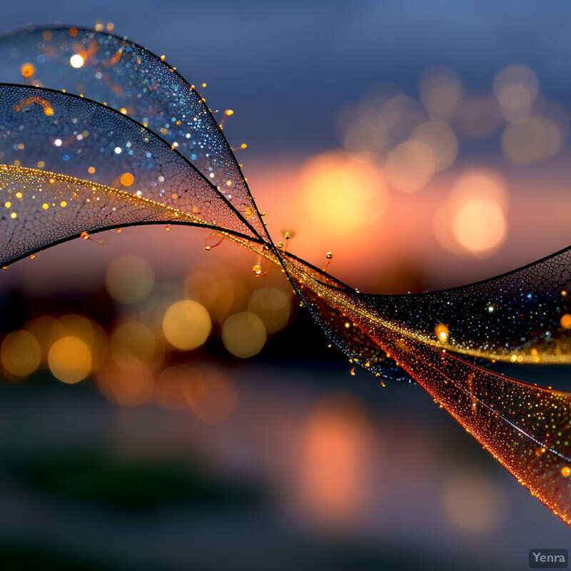 A celestial proteome with a web-like structure and glowing particles against a bokeh-lit sunset background.