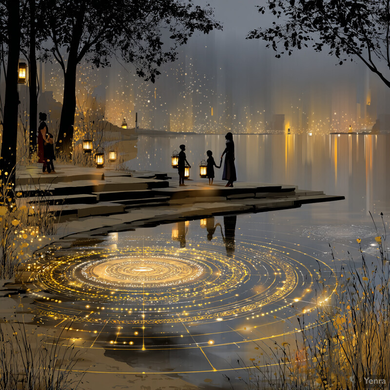 A peaceful evening scene with lantern-lit individuals walking along a dock, reflecting a warm glow on the water and the surrounding nature.