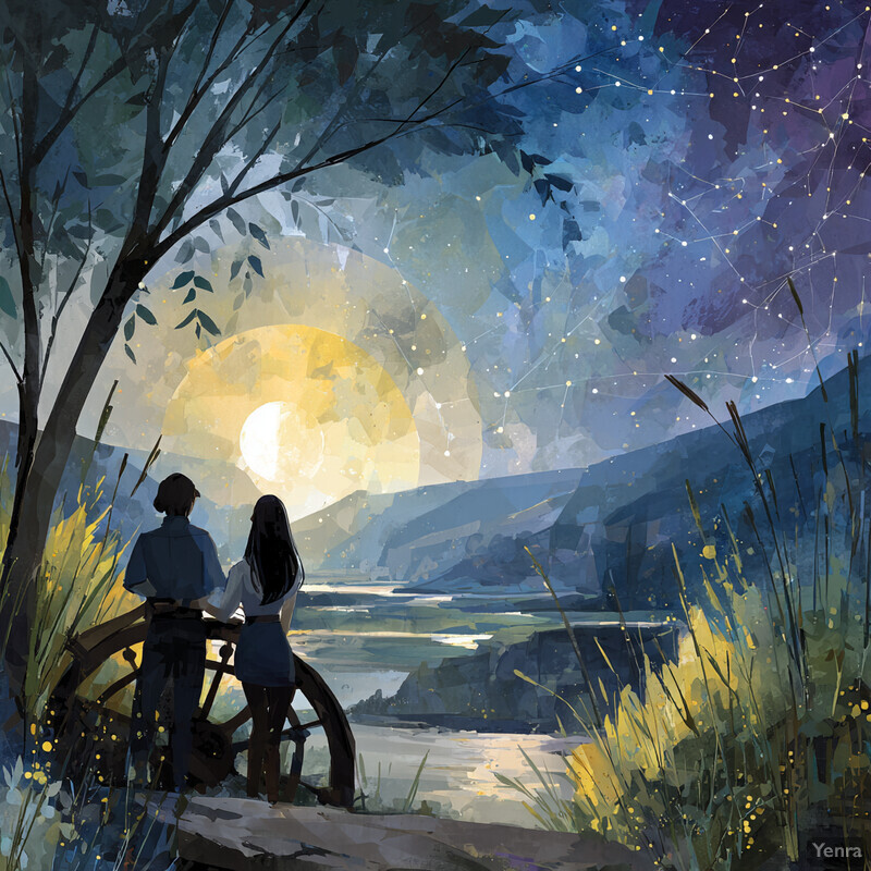A tranquil night scene with two individuals observing a radiant celestial body from a wooden bridge over a calm body of water, surrounded by a starry sky and distant hills.