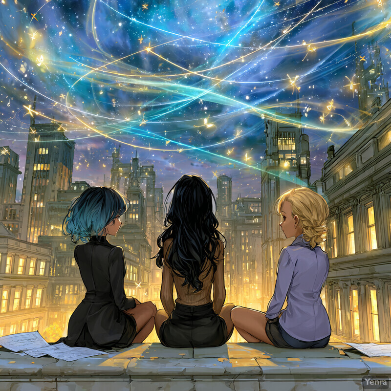 Three individuals on a rooftop observing a mesmerizing constellation display in a city at twilight.