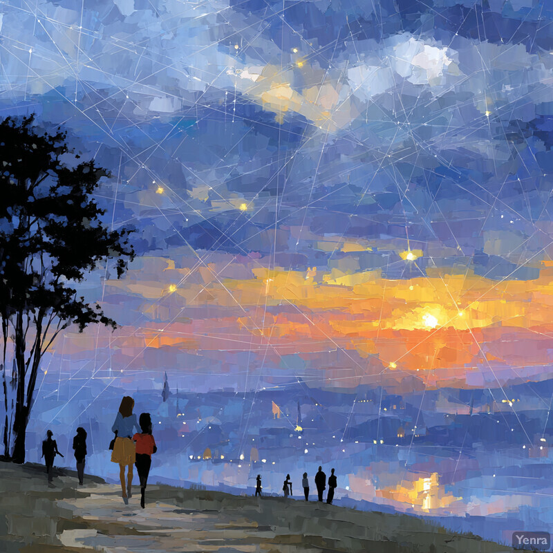 A group of people walking under a dawn sky, with a modern digital overlay.