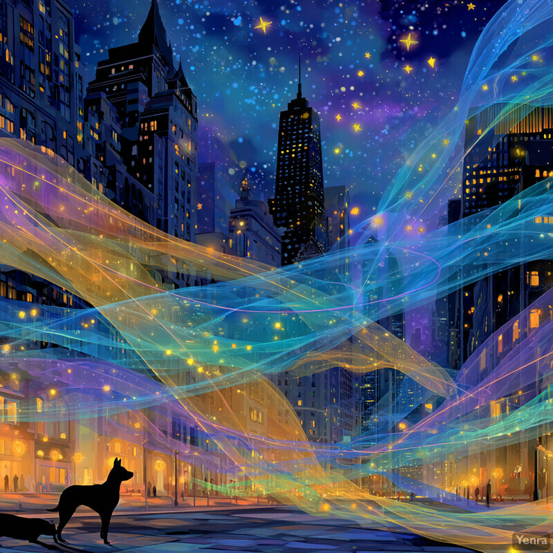A fantastical cityscape at night with dynamic, glowing lines and particles, featuring a digital or cybernetic theme.
