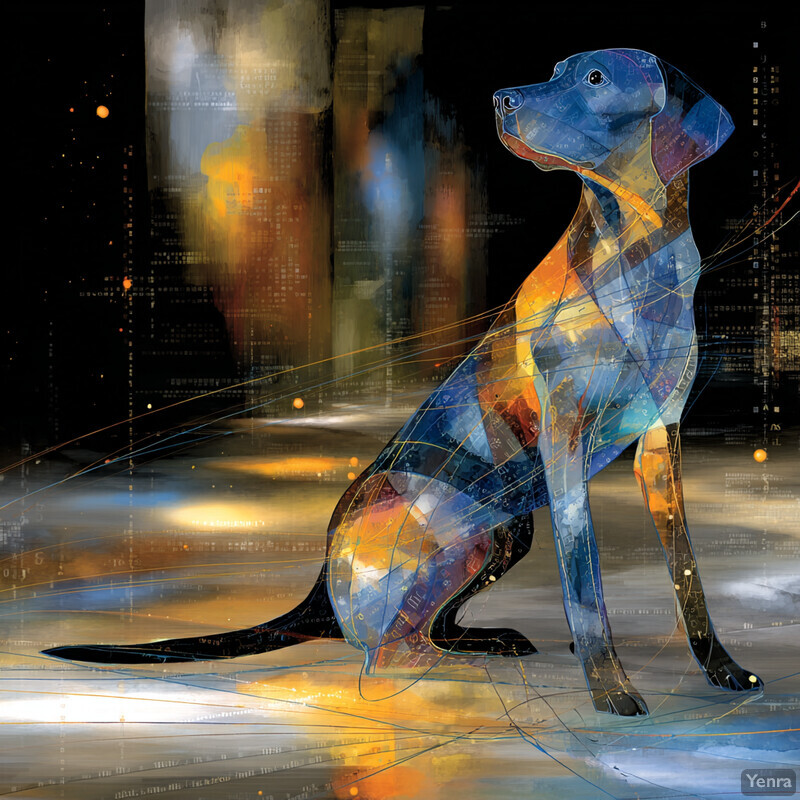 A digital artwork of a seated dog, composed of geometric shapes and vibrant colors, set against a dark, futuristic background.