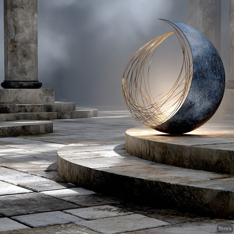 A contemporary sculpture in a classical setting, illuminated by a mysterious light source, evoking a sense of ancient mystery and modern artistry.