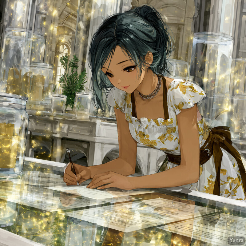A person is deeply focused on writing at a glass table, surrounded by ornate windows and fairy-lit jars, in a serene indoor setting.