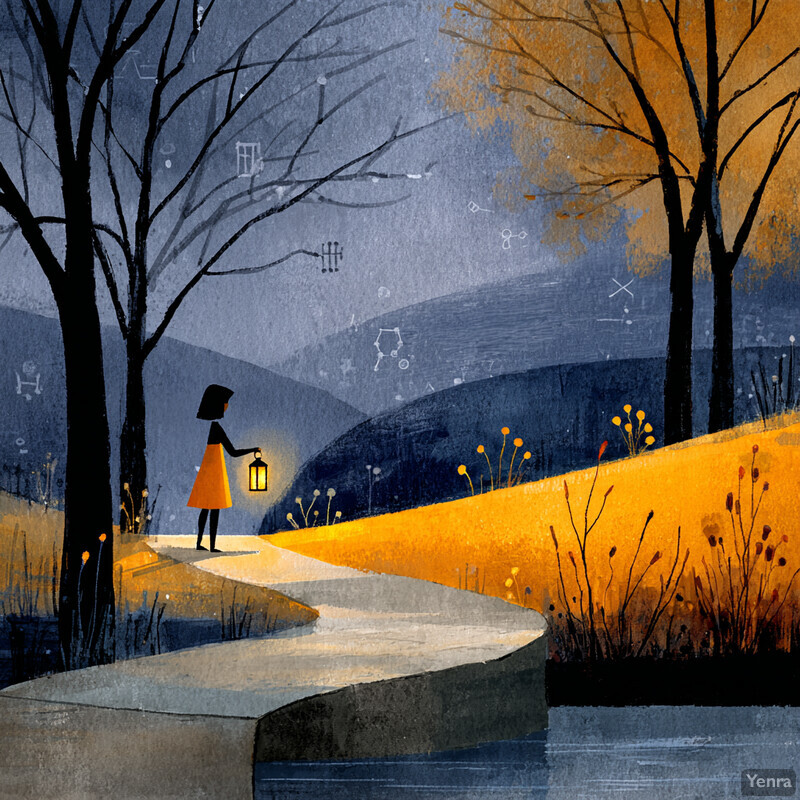 A lone figure with a lantern walks along a path in a twilight landscape, evoking a sense of solitude and reflection.