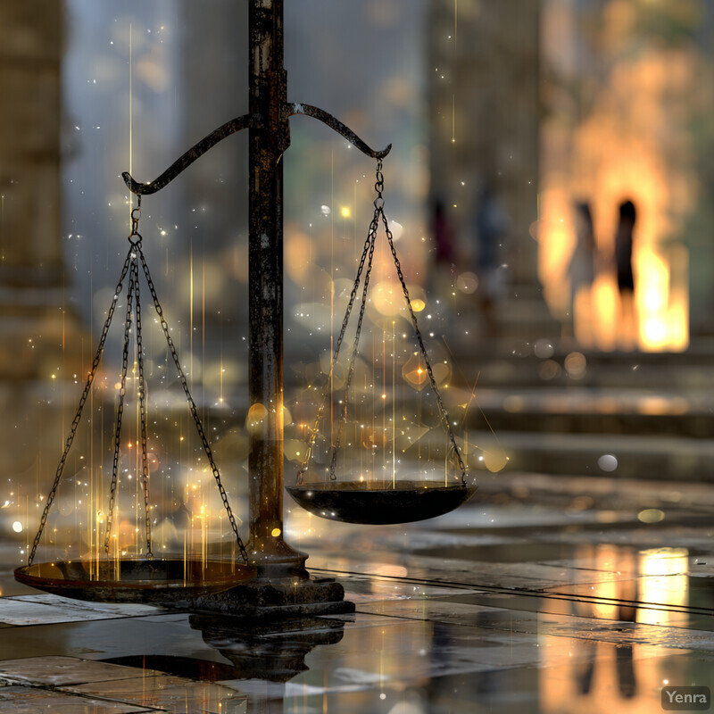 A symbolic representation of the scales of justice, set against a dreamy, golden background, suggesting themes of law, balance, and justice.