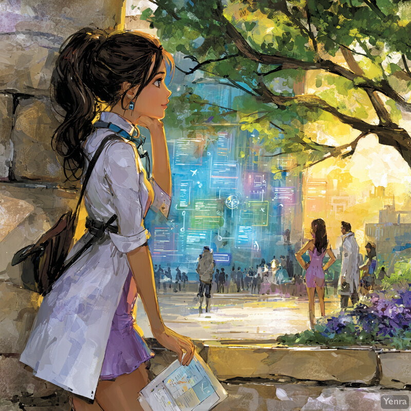 A young woman in a futuristic workscape blending technology and nature.