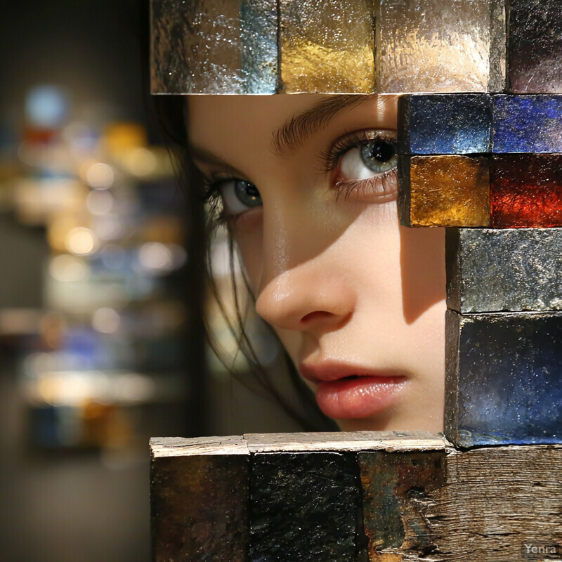 A close-up of a person's face partially obscured by a fragmented, colorful structure in an urban setting.