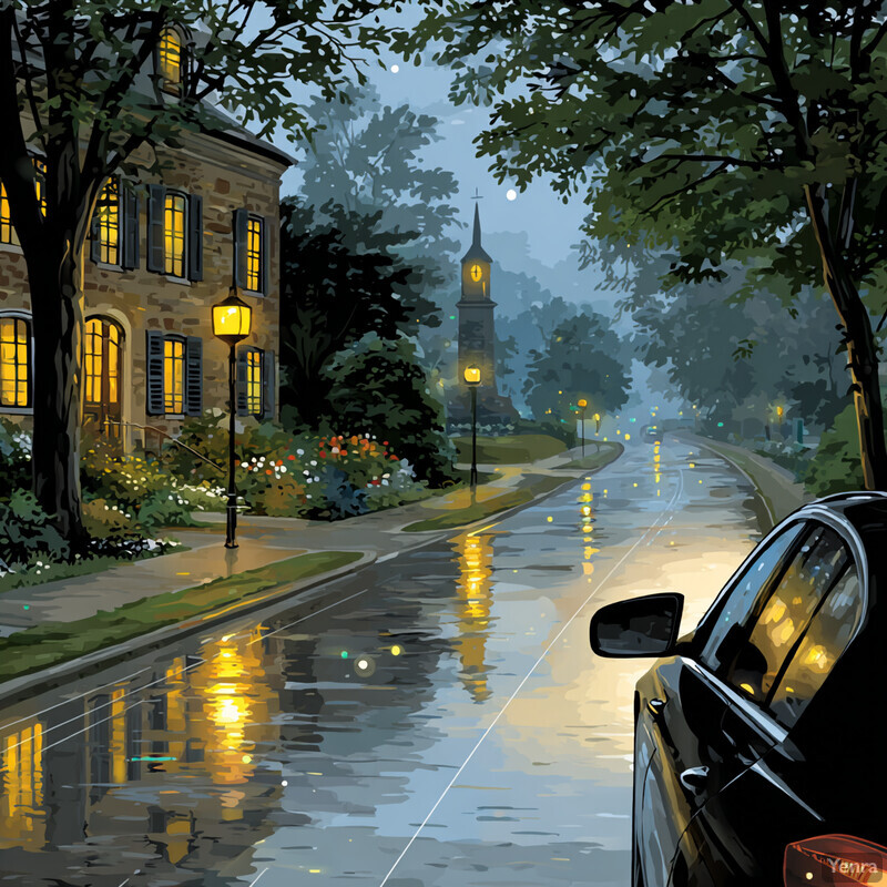 A tranquil, nocturnal street scene in a small town, featuring a wet road, lush greenery, a stone building, and a distant church steeple, all illuminated by streetlights.