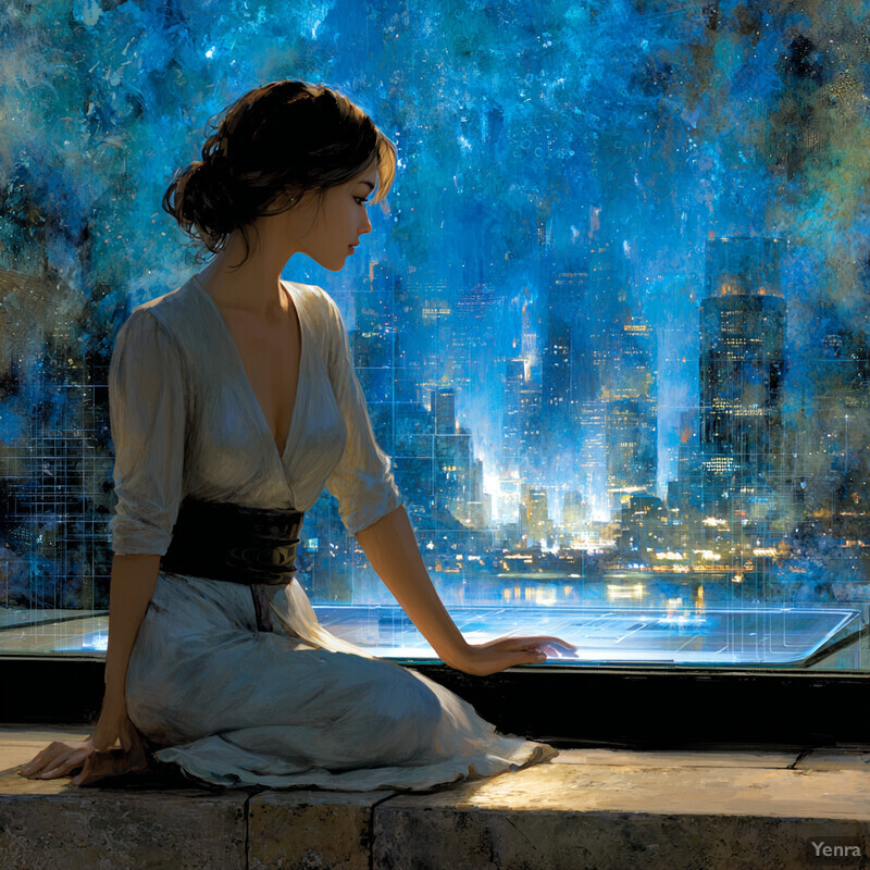 A woman in a serene moment, gazing out over a vibrant, illuminated cityscape at night.