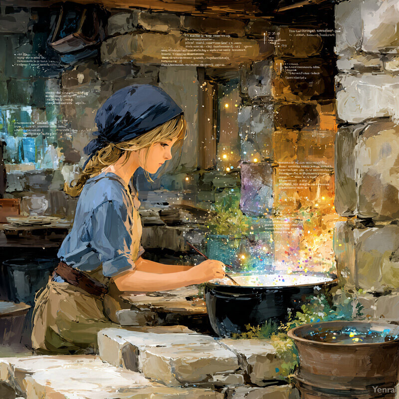 A young artist in a rustic setting, deeply engrossed in painting, surrounded by vibrant colors and textures.