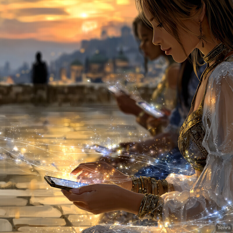 A modern, digital scene set against a traditional cityscape, with two individuals focused on their smartphones, surrounded by glowing lines and sparkles.