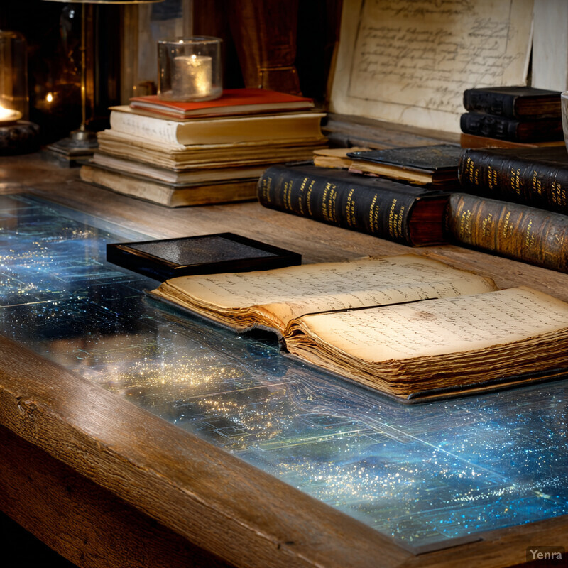 A serene, scholarly setting with antique books, a glowing glass tabletop, and a warm candlelight ambiance.