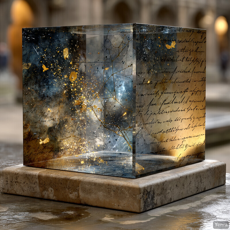A glass cube filled with celestial imagery and text, resting on a stone pedestal, set against a softly lit indoor background.
