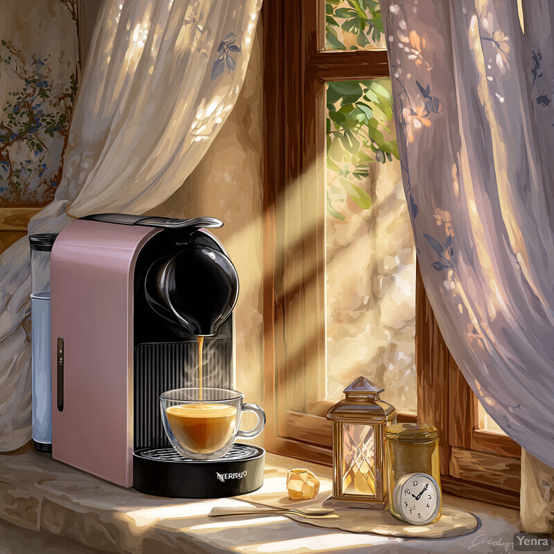 A tranquil indoor morning scene with a focus on coffee preparation and soft morning light.