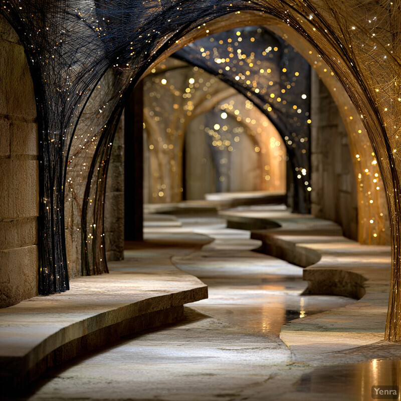 A mysterious, enchanting tunnel with arched structures and twinkling lights, set against a backdrop of aged stone walls.
