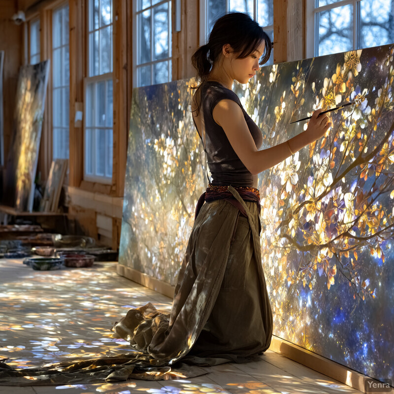 A woman artist painting a luminous tree scene in a sunlit studio filled with art supplies.