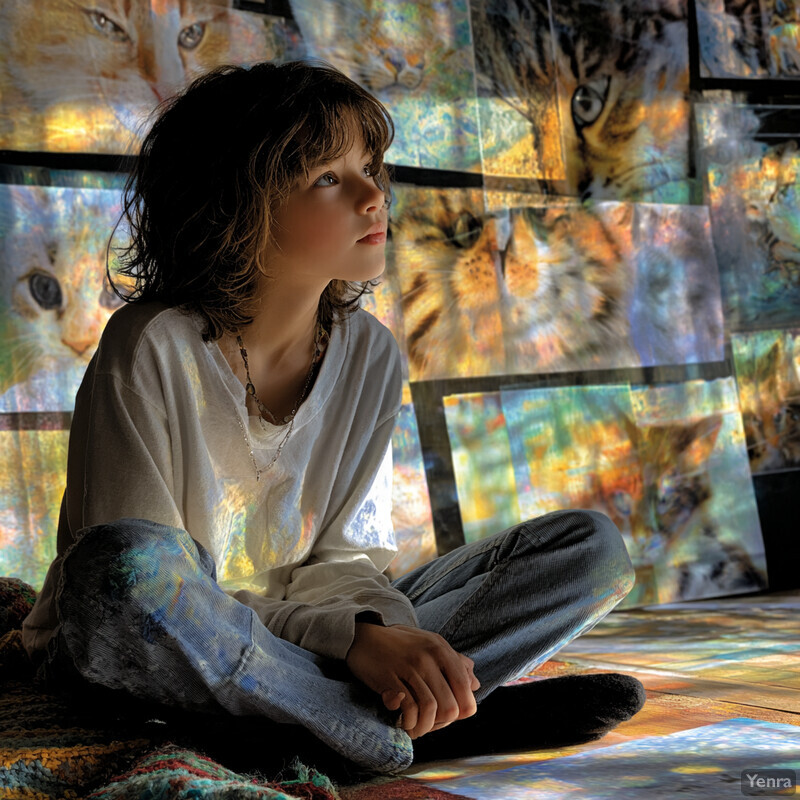 A child sits cross-legged on a colorful, cat-themed floor, gazing upwards in a contemplative pose.