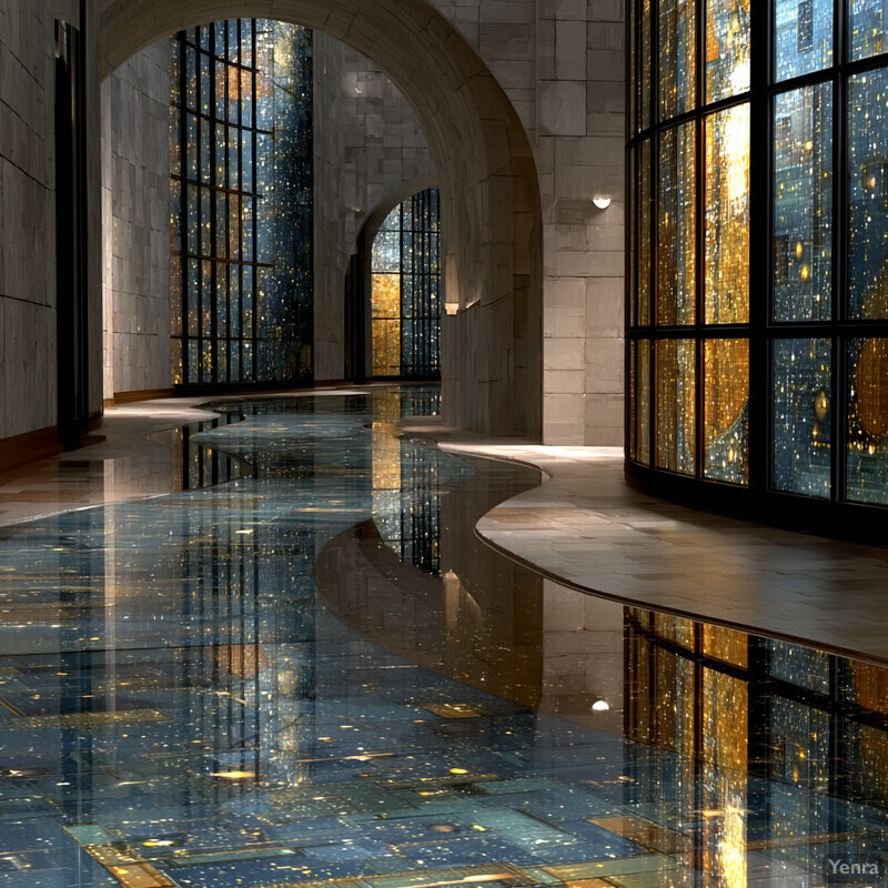 A luxurious, reflective interior with a glass wall reflecting a cityscape and a polished stone floor.