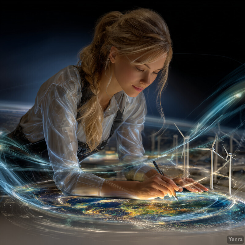 A person engaged in a high-tech, environmental analysis using a glowing map and wind turbines in the background.