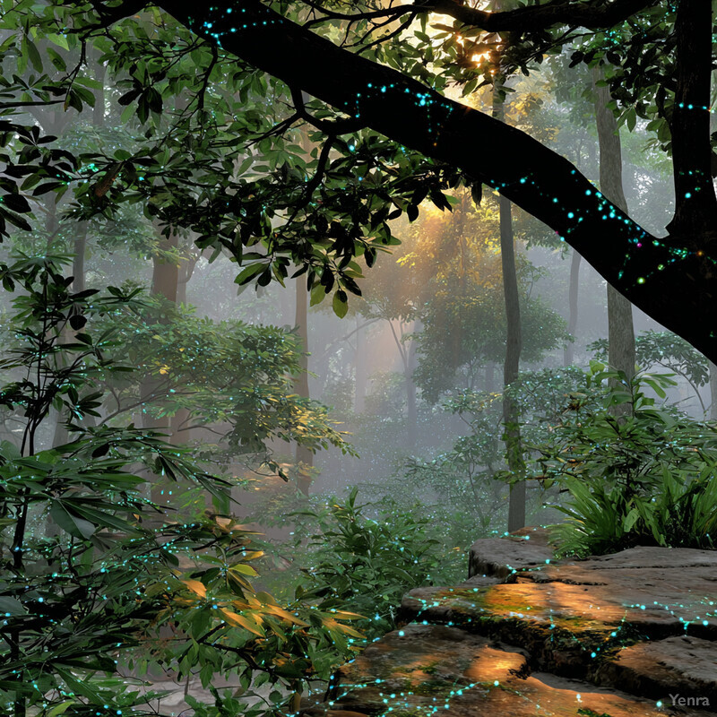 A tranquil rainforest scene with dappled sunlight and a stone path leading deeper into the misty, lush foliage.