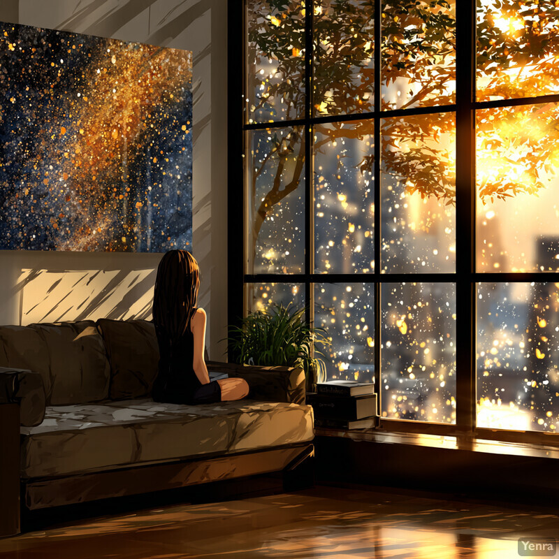 A tranquil indoor scene with a woman contemplating a warm, golden-lit tree view from a modern living room.