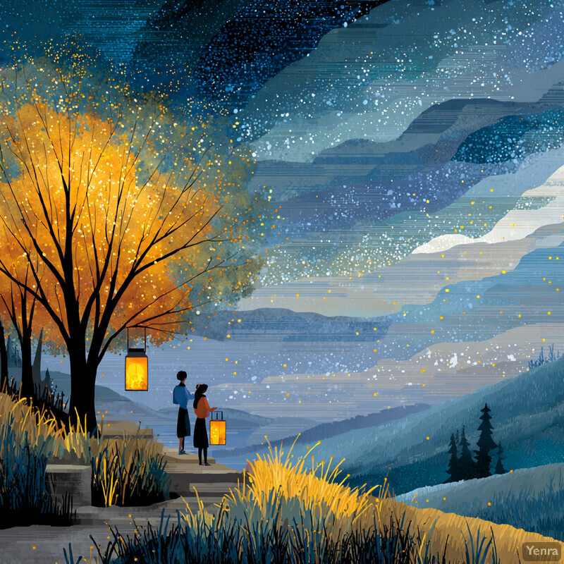 A tranquil evening scene featuring two figures with lanterns near a glowing tree in a serene landscape with rolling hills and a calm body of water under a starry sky.