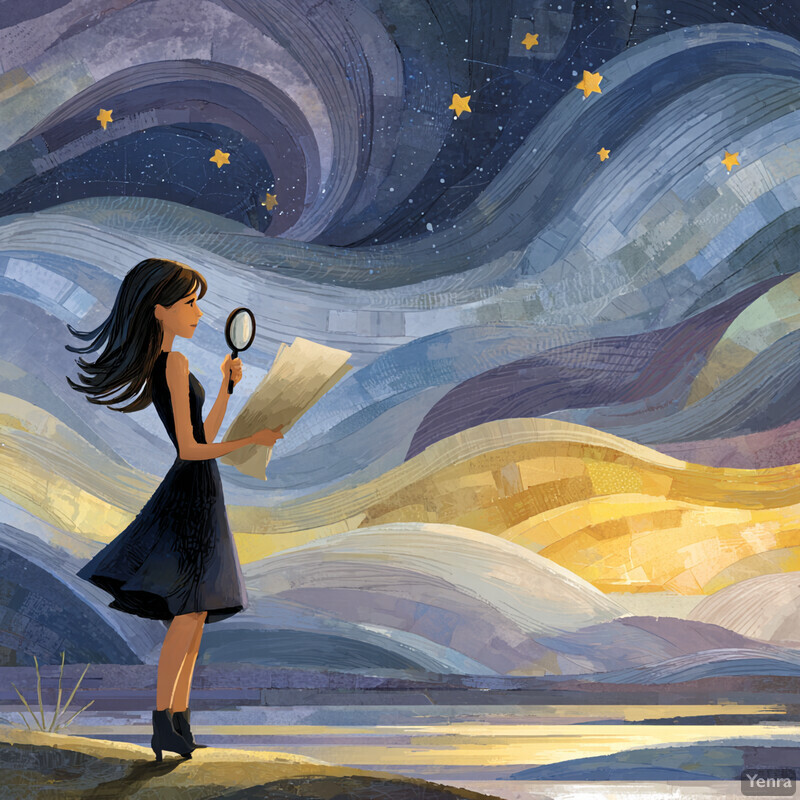 A woman stands in a dreamlike landscape, holding a magnifying glass and a piece of paper, surrounded by swirling patterns and a starry night sky transitioning to a golden sunset.
