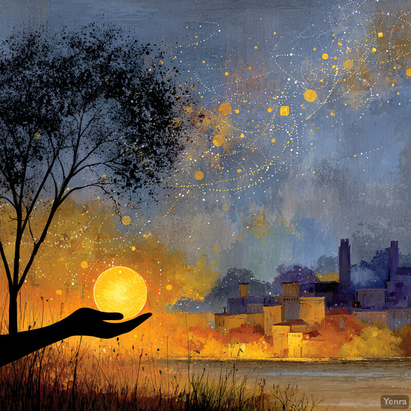 A hand holding a golden orb against a backdrop of a magical cityscape at twilight.
