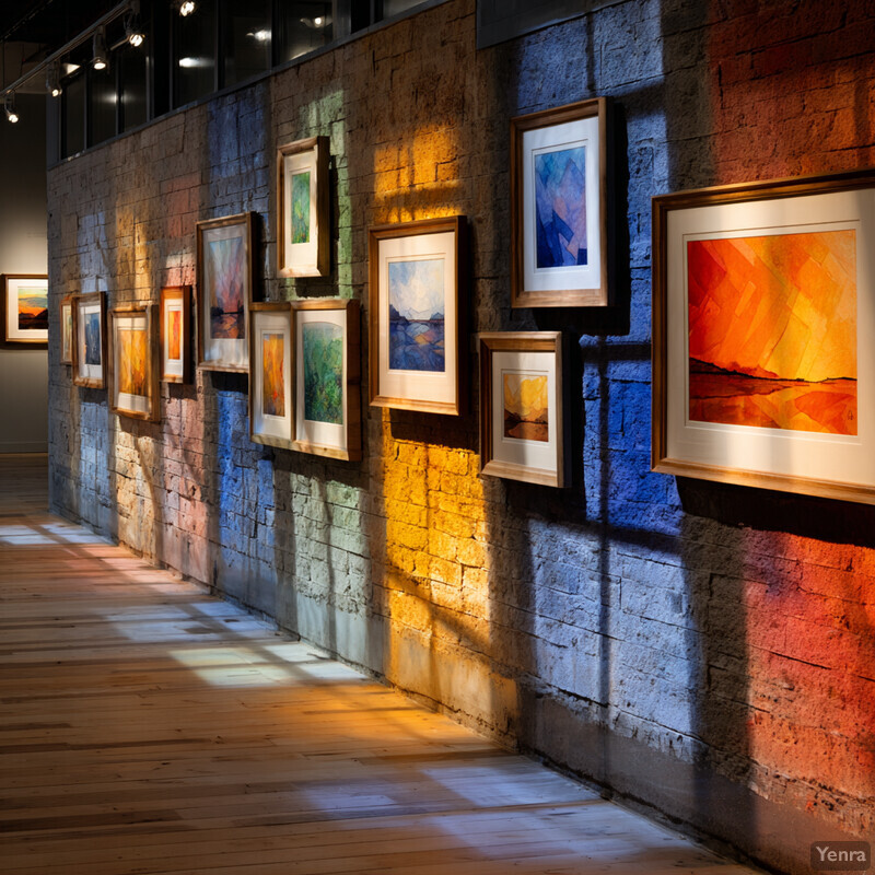 A tranquil gallery space with abstract paintings displayed on a rustic brick wall, illuminated by warm ambient light.