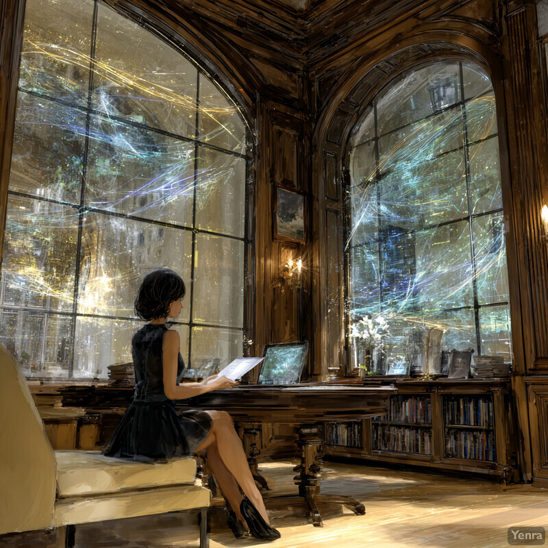 A woman is working in a luxurious, well-lit study with a dynamic projection of sound waves or musical notes on the windows.