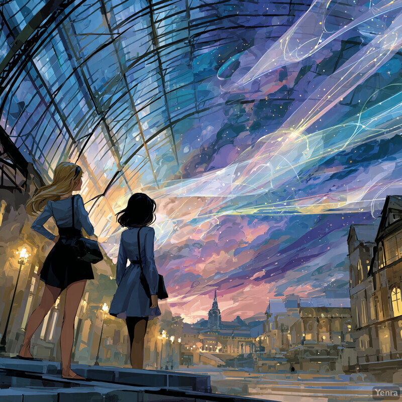 Two women explore a futuristic cityscape viewed from a grand, glass-roofed structure, under a dynamic, colorful sky.