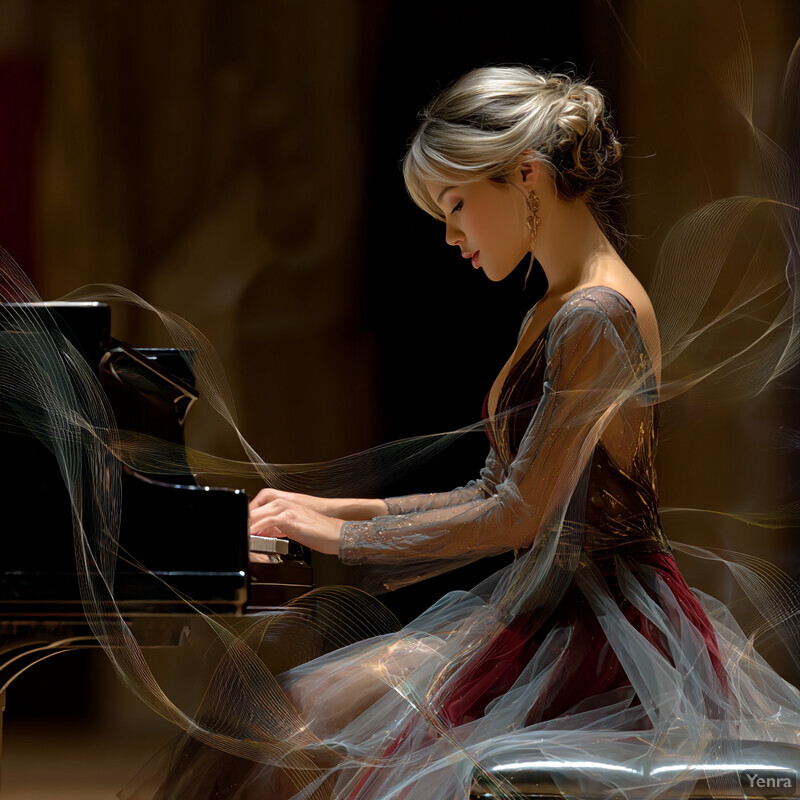 A woman in an elegant gown playing a grand piano, surrounded by ethereal strands in a luxurious setting.
