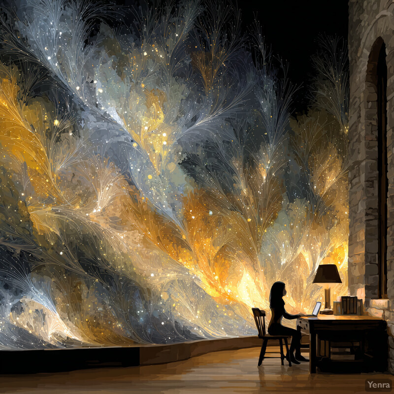 A person working on a laptop in front of an abstract tapestry depicting the intersection of art and code.