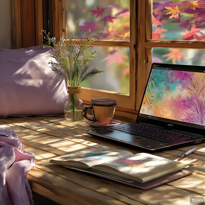 A cozy indoor setting with a wooden table, book, laptop, mug, and vase of flowers, all bathed in warm sunlight, creating a peaceful and productive atmosphere.
