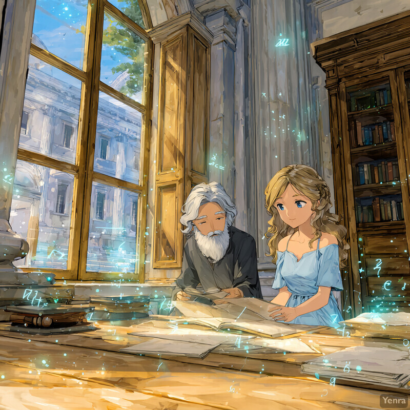 A scholarly interaction between an older man and a younger woman in a grand, classical-style room, filled with books and magical symbols, suggesting a setting of deep study and intellectual exchange.
